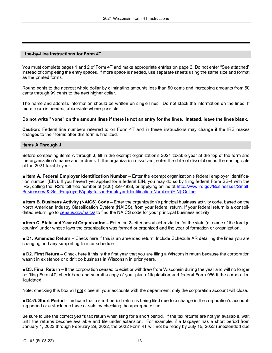 Instructions for Form 4T, IC-002 Wisconsin Exempt Organization Business Franchise or Income Tax Return - Wisconsin, Page 13