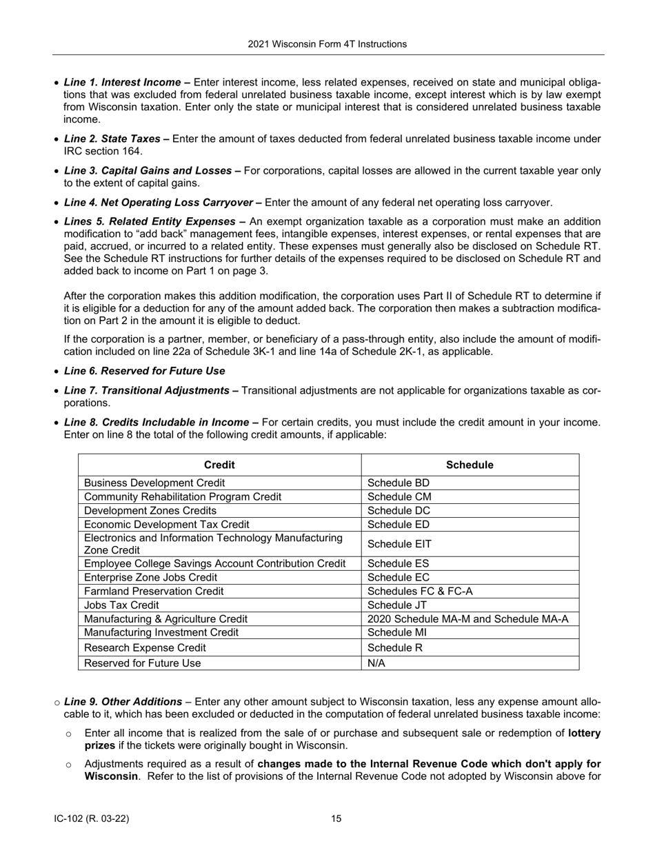 Instructions for Form 4T, IC-002 Wisconsin Exempt Organization Business Franchise or Income Tax Return - Wisconsin, Page 15