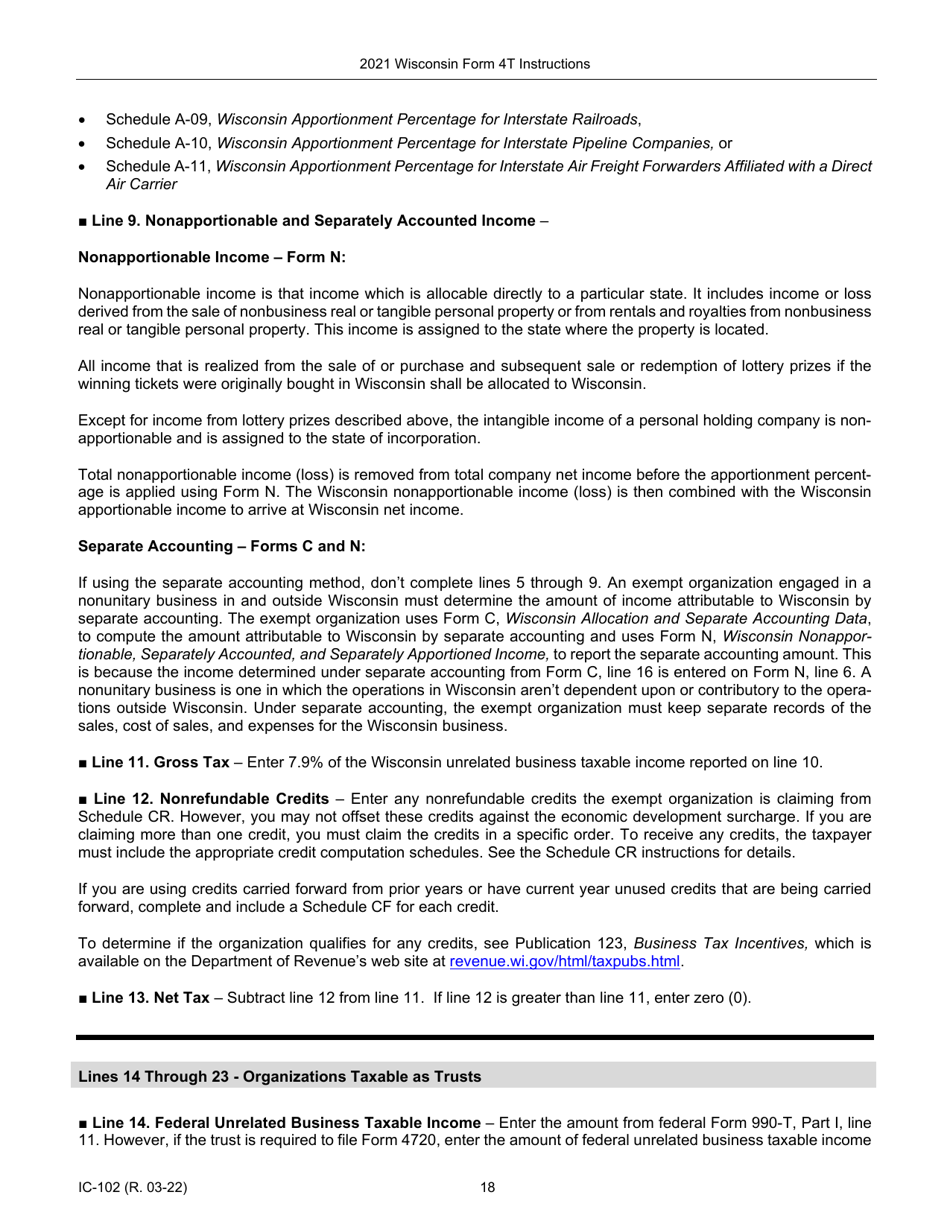 Instructions for Form 4T, IC-002 Wisconsin Exempt Organization Business Franchise or Income Tax Return - Wisconsin, Page 18