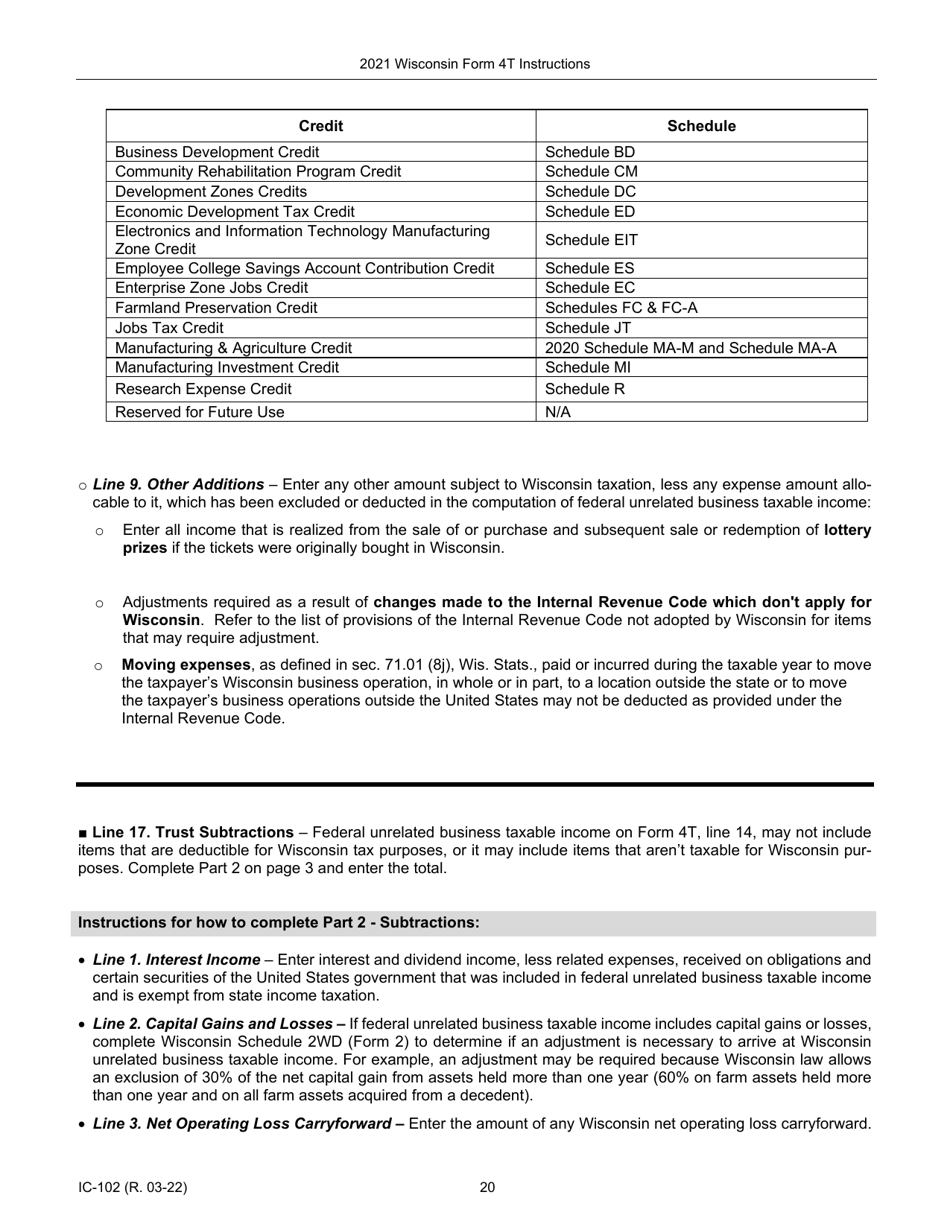 Instructions for Form 4T, IC-002 Wisconsin Exempt Organization Business Franchise or Income Tax Return - Wisconsin, Page 20