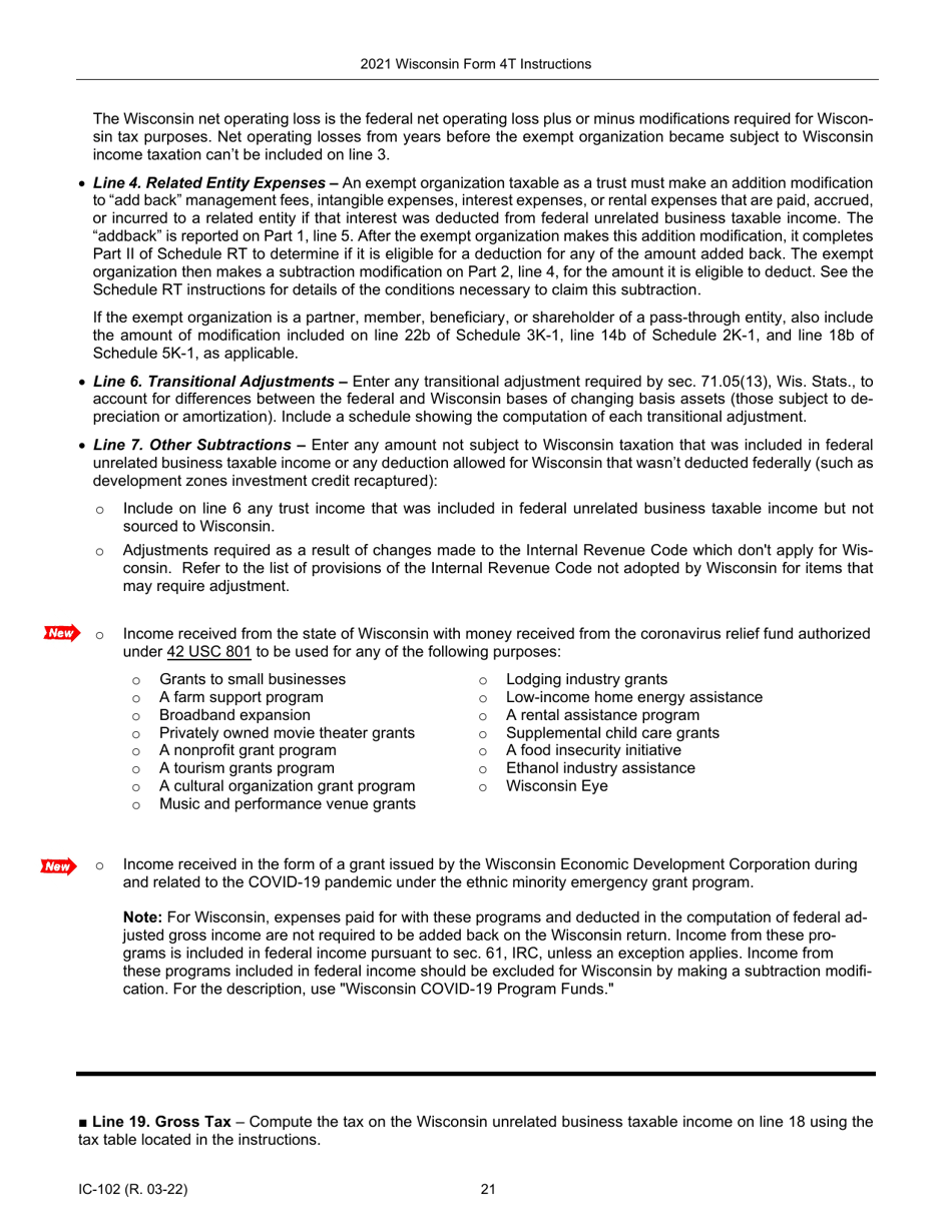 Instructions for Form 4T, IC-002 Wisconsin Exempt Organization Business Franchise or Income Tax Return - Wisconsin, Page 21