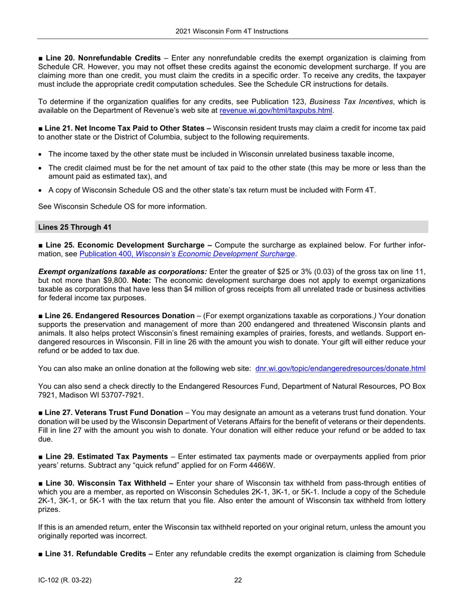 Instructions for Form 4T, IC-002 Wisconsin Exempt Organization Business Franchise or Income Tax Return - Wisconsin, Page 22