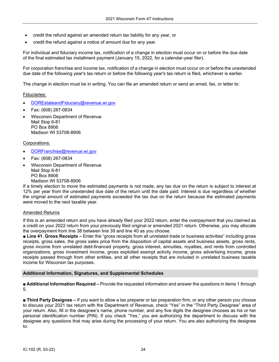 Instructions for Form 4T, IC-002 Wisconsin Exempt Organization Business Franchise or Income Tax Return - Wisconsin, Page 24