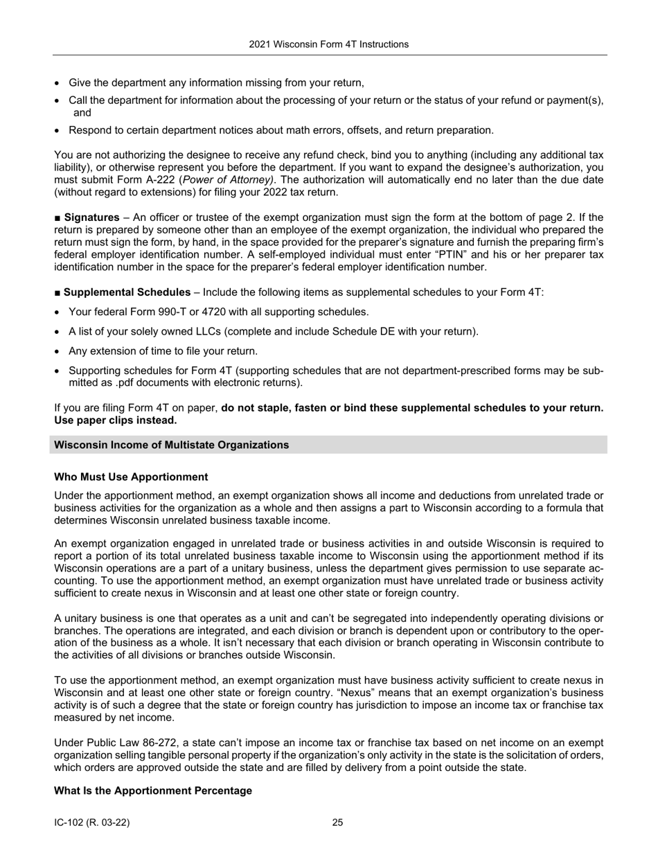 Instructions for Form 4T, IC-002 Wisconsin Exempt Organization Business Franchise or Income Tax Return - Wisconsin, Page 25