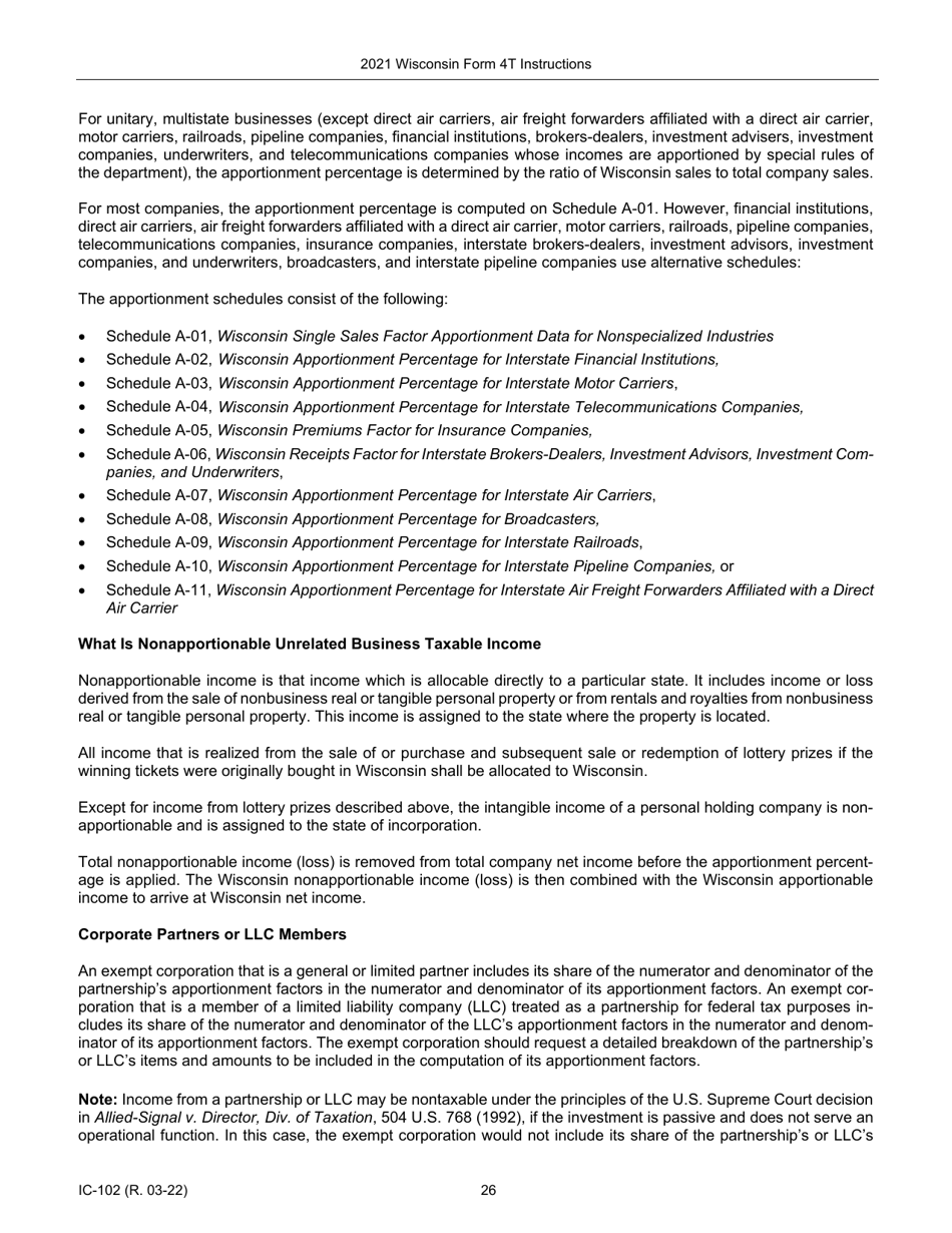 Instructions for Form 4T, IC-002 Wisconsin Exempt Organization Business Franchise or Income Tax Return - Wisconsin, Page 26