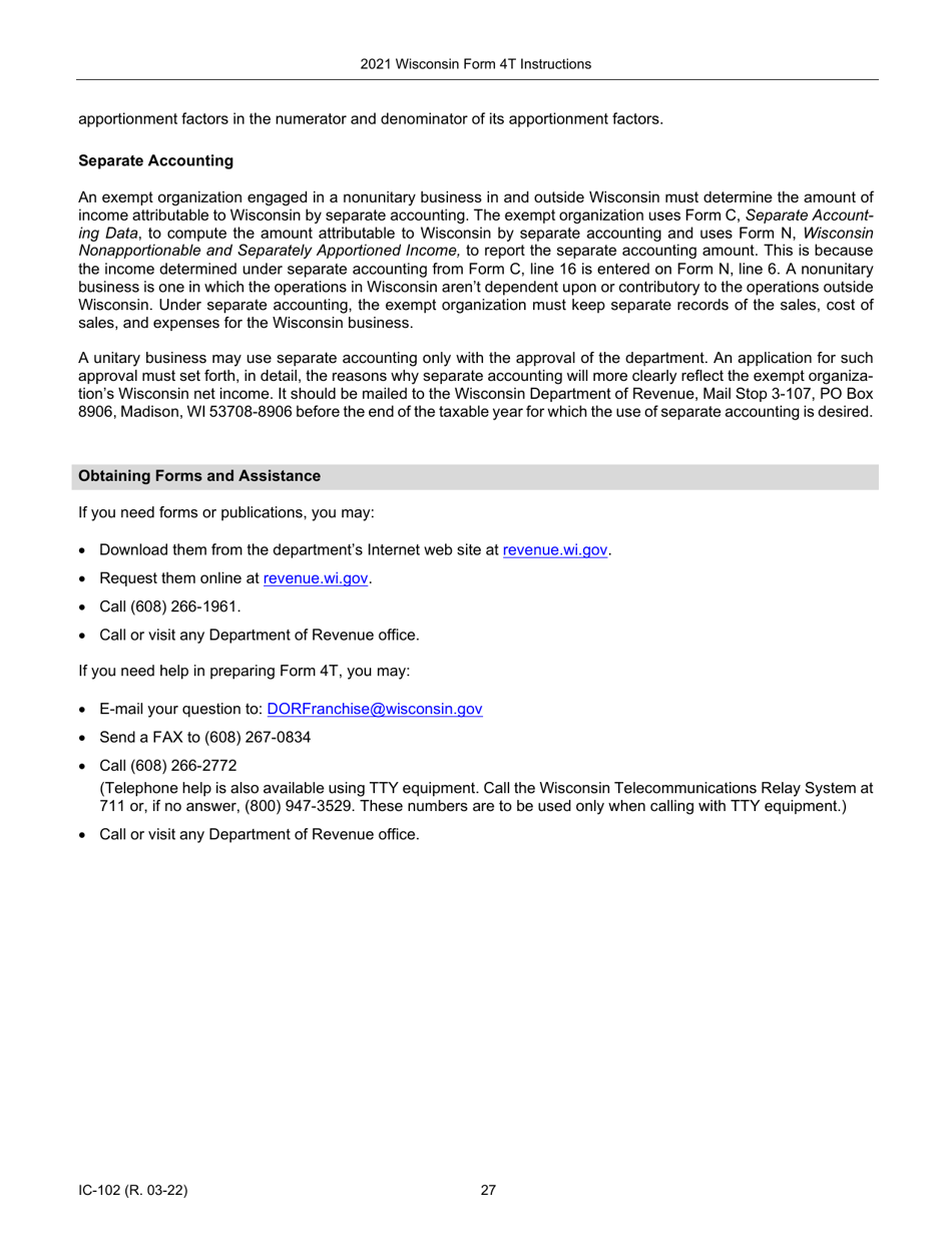 Instructions for Form 4T, IC-002 Wisconsin Exempt Organization Business Franchise or Income Tax Return - Wisconsin, Page 27