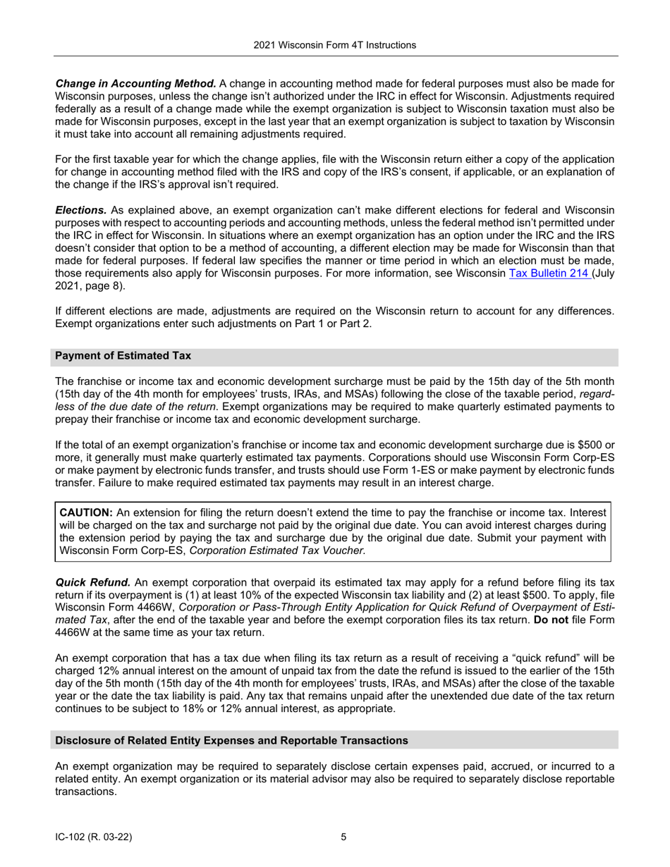 Instructions for Form 4T, IC-002 Wisconsin Exempt Organization Business Franchise or Income Tax Return - Wisconsin, Page 5