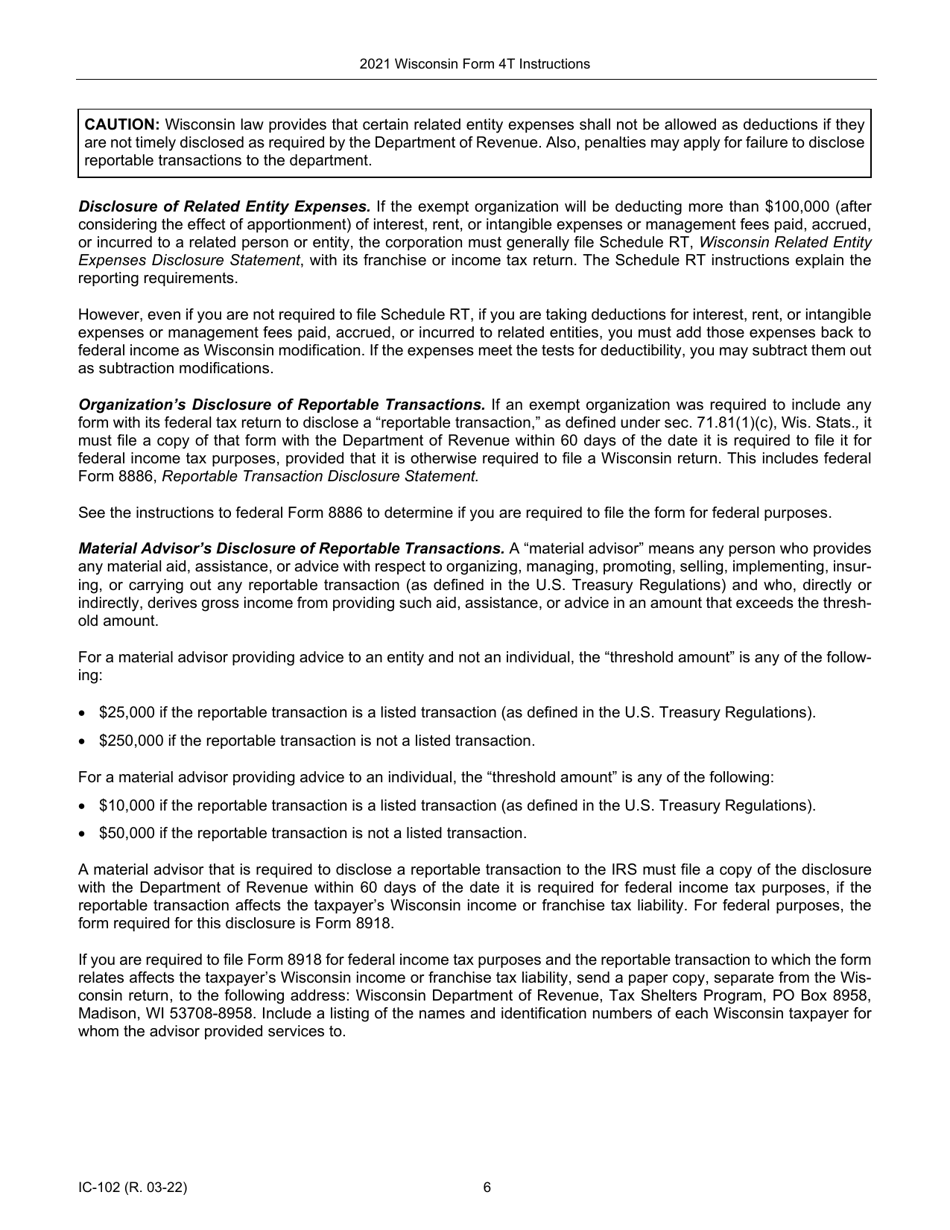 Instructions for Form 4T, IC-002 Wisconsin Exempt Organization Business Franchise or Income Tax Return - Wisconsin, Page 6