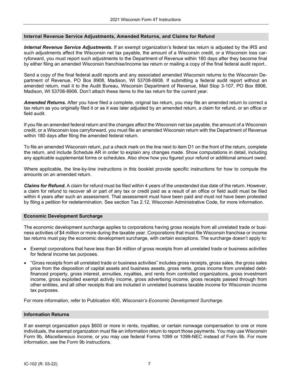 Instructions for Form 4T, IC-002 Wisconsin Exempt Organization Business Franchise or Income Tax Return - Wisconsin, Page 7