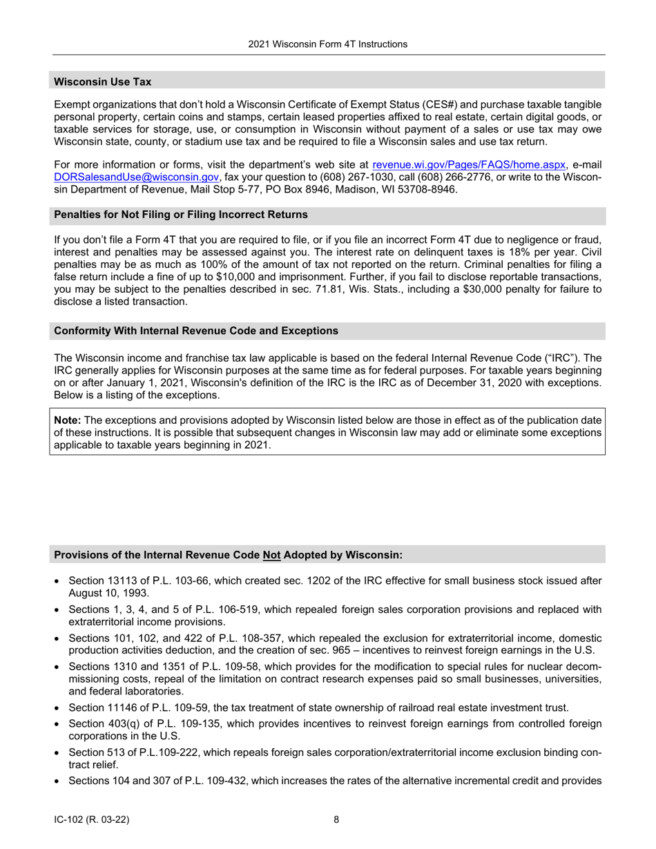 Instructions for Form 4T, IC-002 Wisconsin Exempt Organization Business Franchise or Income Tax Return - Wisconsin, Page 8