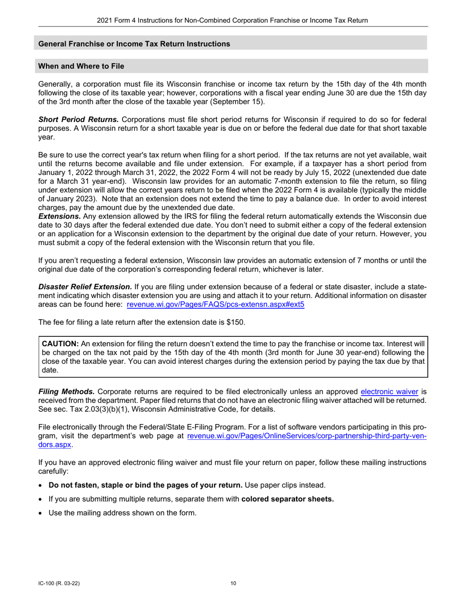 Instructions for Form 4, IC-040 Wisconsin Non-combined Corporation Franchise or Income Tax Return - Wisconsin, Page 10