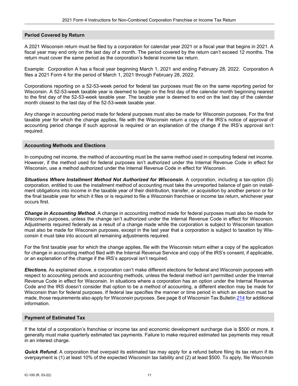 Instructions for Form 4, IC-040 Wisconsin Non-combined Corporation Franchise or Income Tax Return - Wisconsin, Page 11
