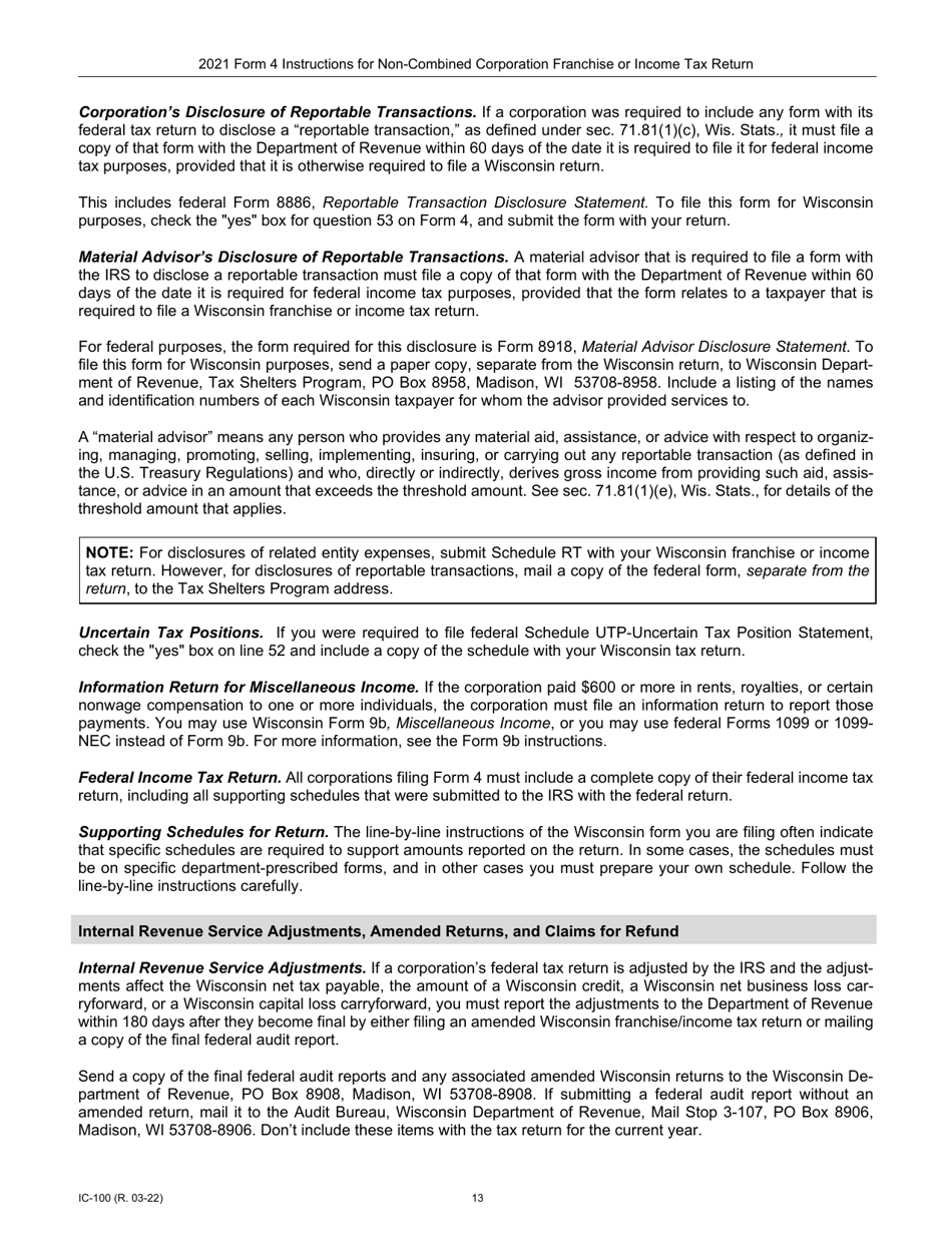 Instructions for Form 4, IC-040 Wisconsin Non-combined Corporation Franchise or Income Tax Return - Wisconsin, Page 13