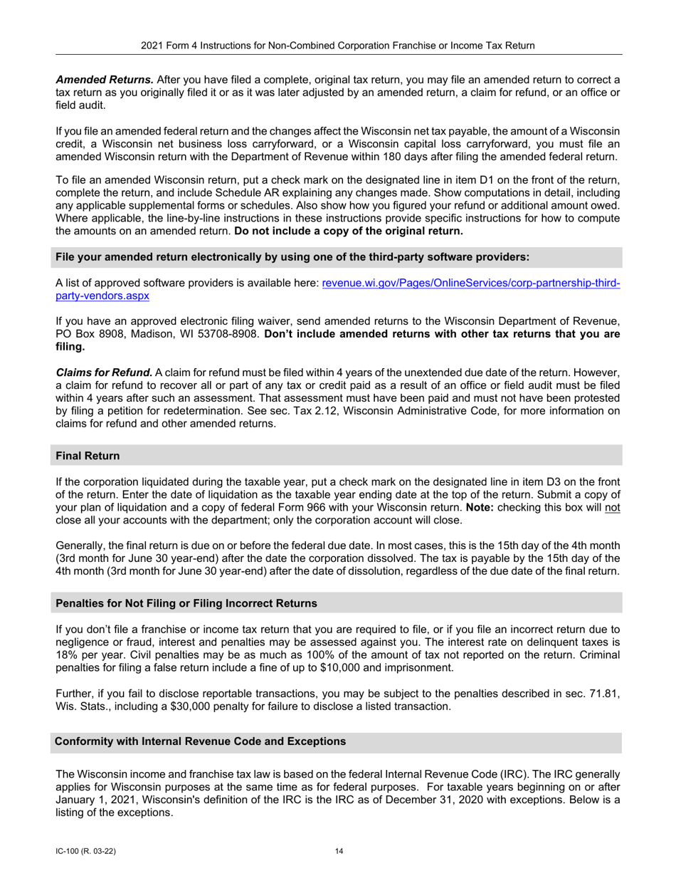 Instructions for Form 4, IC-040 Wisconsin Non-combined Corporation Franchise or Income Tax Return - Wisconsin, Page 14