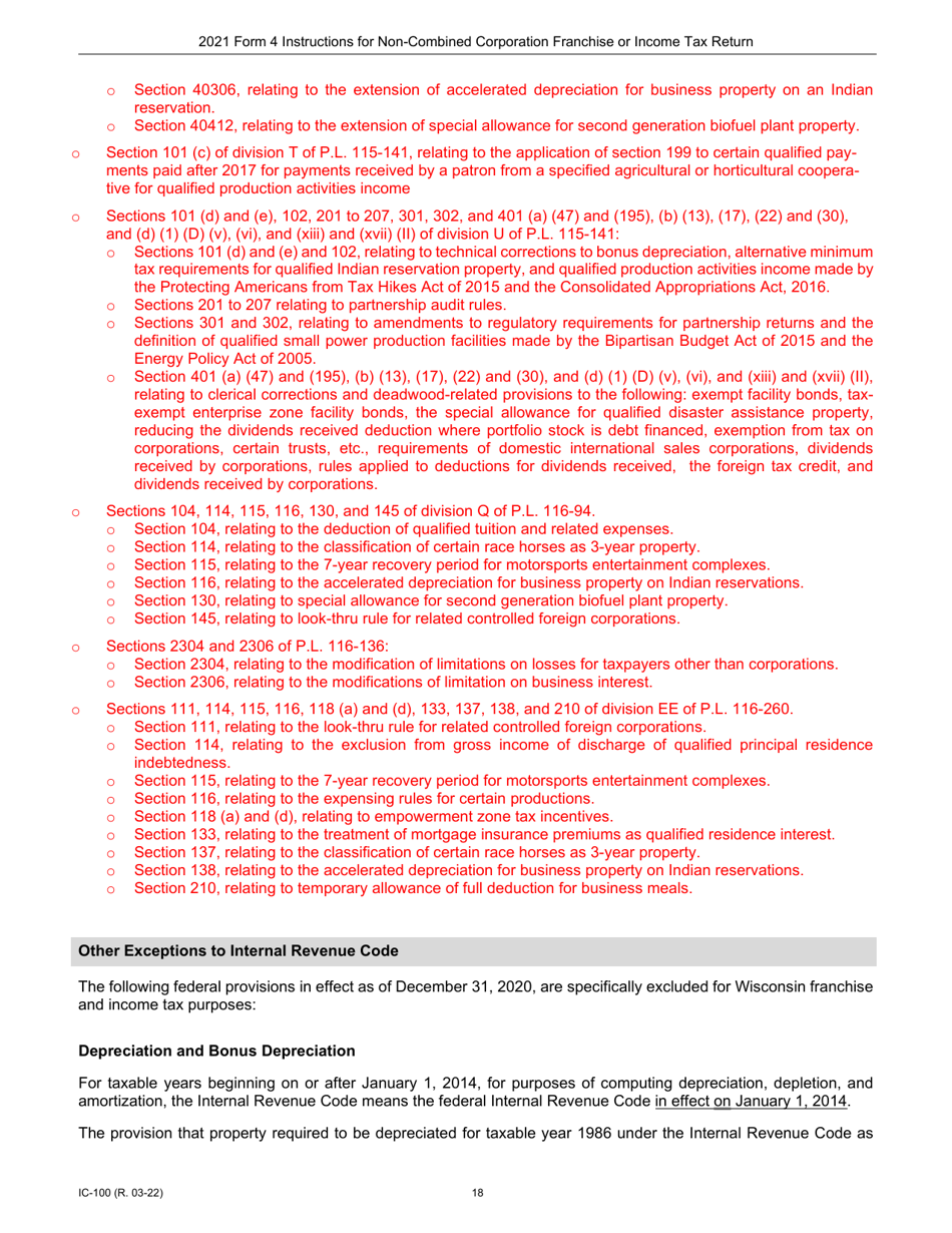 Instructions for Form 4, IC-040 Wisconsin Non-combined Corporation Franchise or Income Tax Return - Wisconsin, Page 18