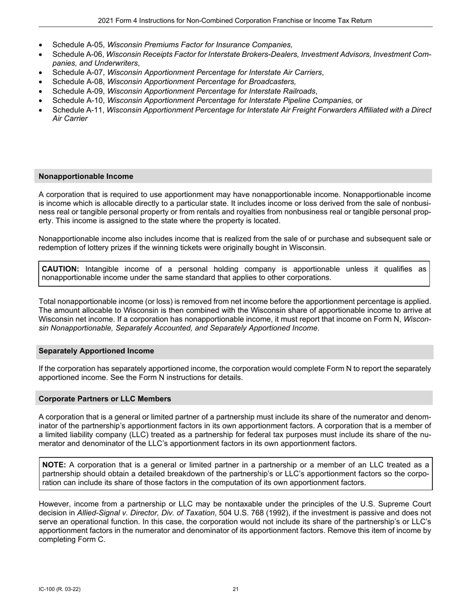Instructions for Form 4, IC-040 Wisconsin Non-combined Corporation Franchise or Income Tax Return - Wisconsin, Page 21