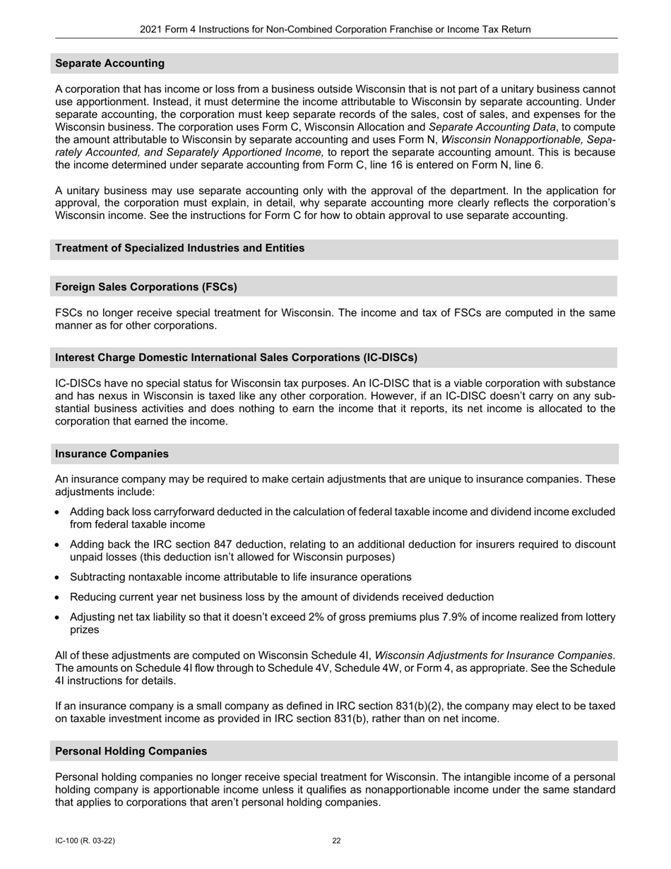 Instructions for Form 4, IC-040 Wisconsin Non-combined Corporation Franchise or Income Tax Return - Wisconsin, Page 22