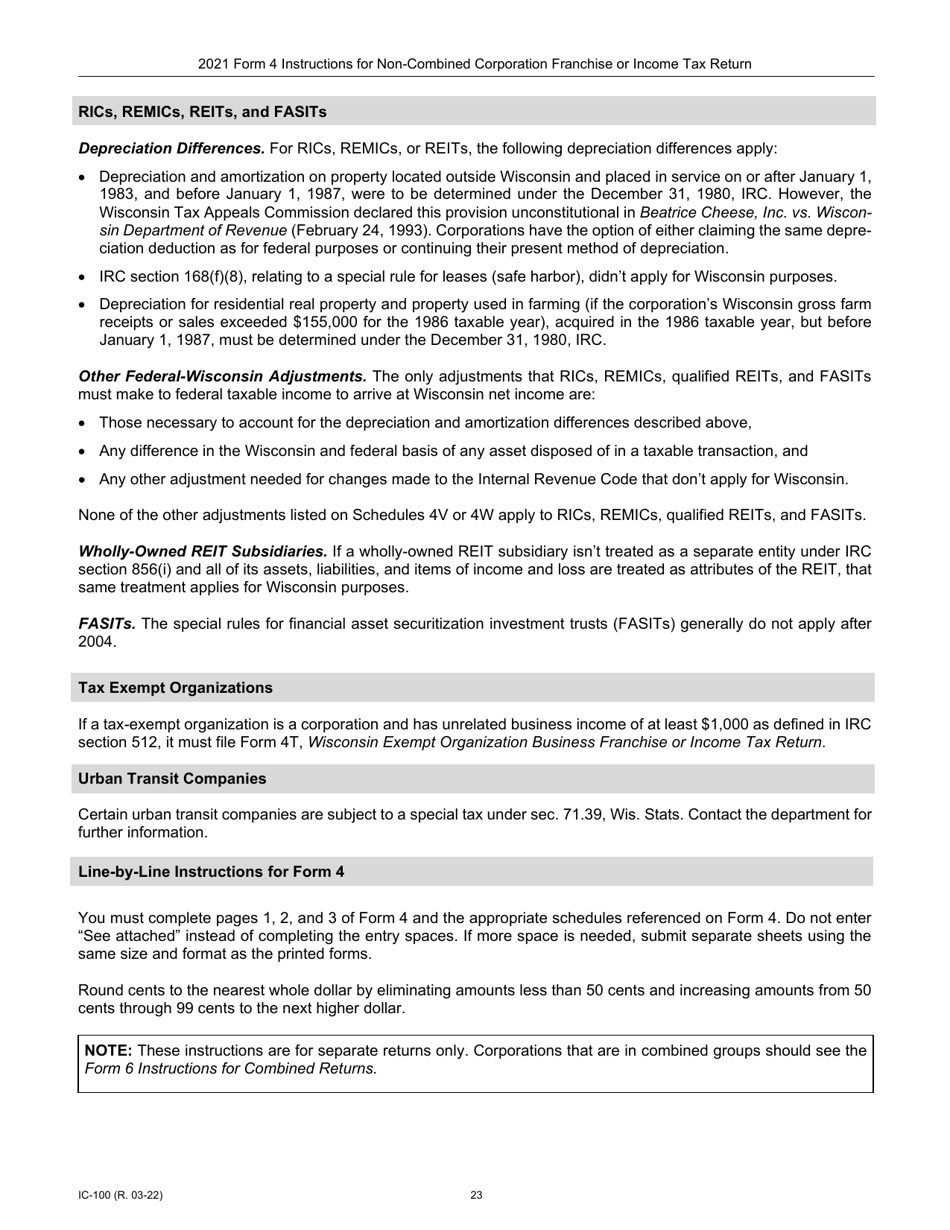 Instructions for Form 4, IC-040 Wisconsin Non-combined Corporation Franchise or Income Tax Return - Wisconsin, Page 23
