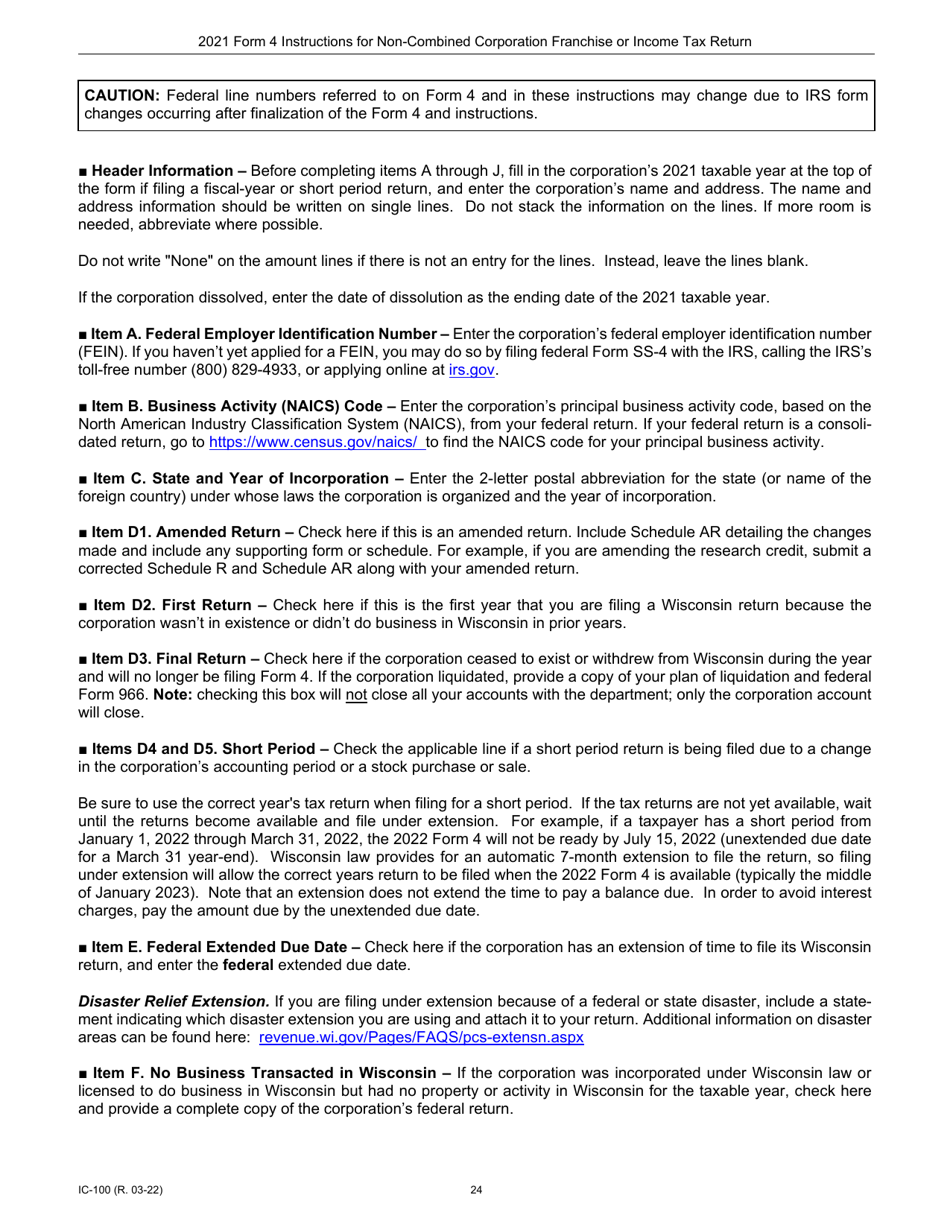 Instructions for Form 4, IC-040 Wisconsin Non-combined Corporation Franchise or Income Tax Return - Wisconsin, Page 24
