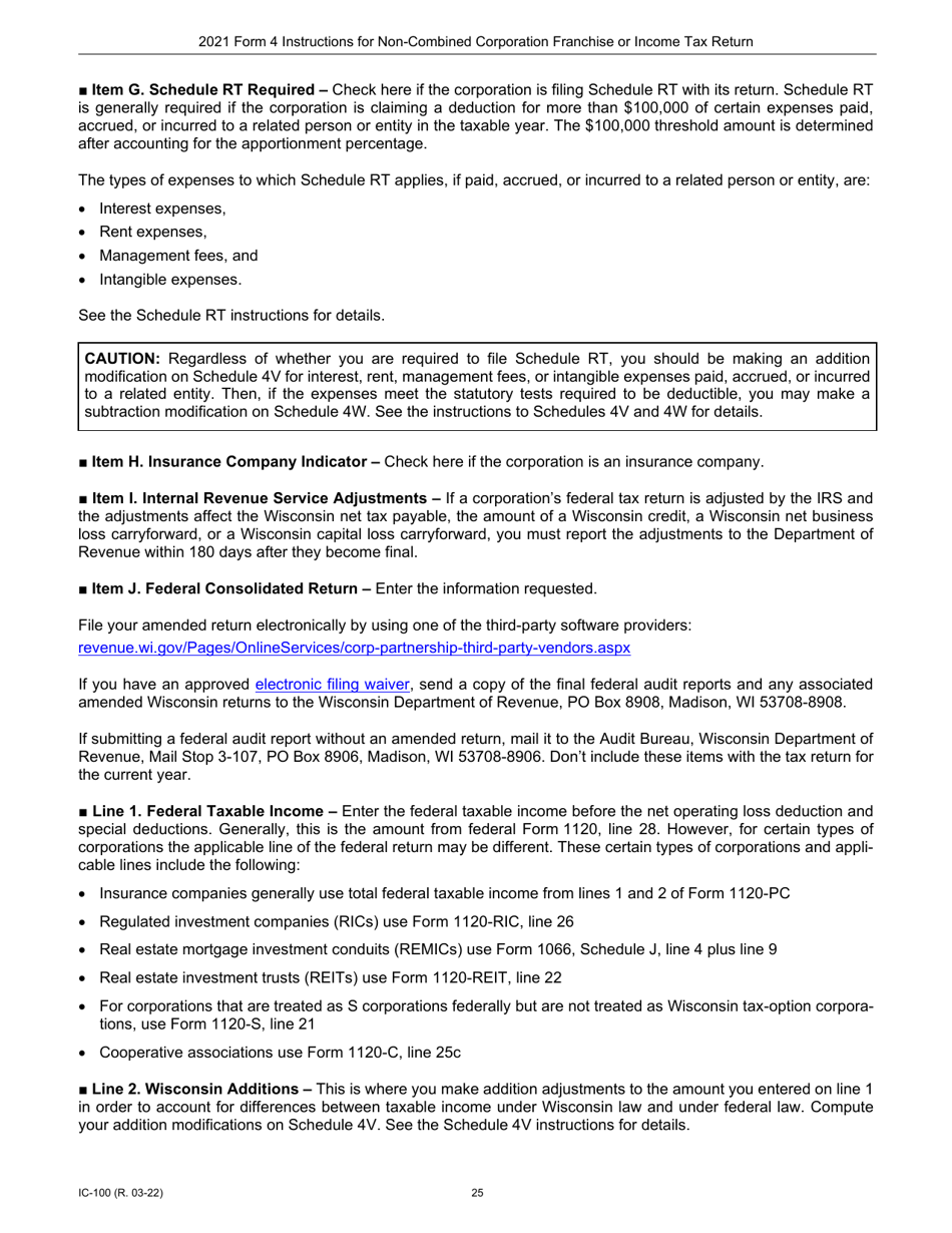 Instructions for Form 4, IC-040 Wisconsin Non-combined Corporation Franchise or Income Tax Return - Wisconsin, Page 25