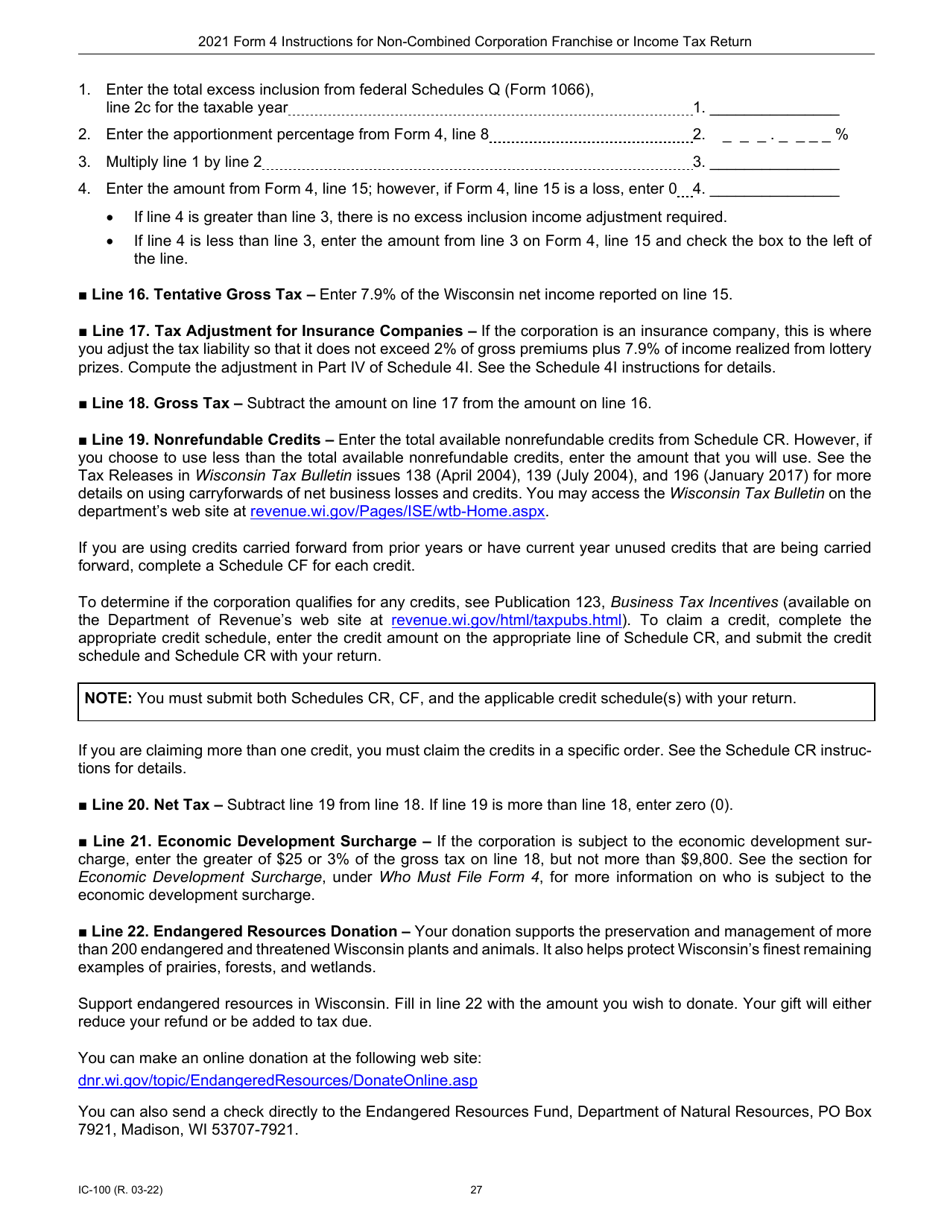 Instructions for Form 4, IC-040 Wisconsin Non-combined Corporation Franchise or Income Tax Return - Wisconsin, Page 27
