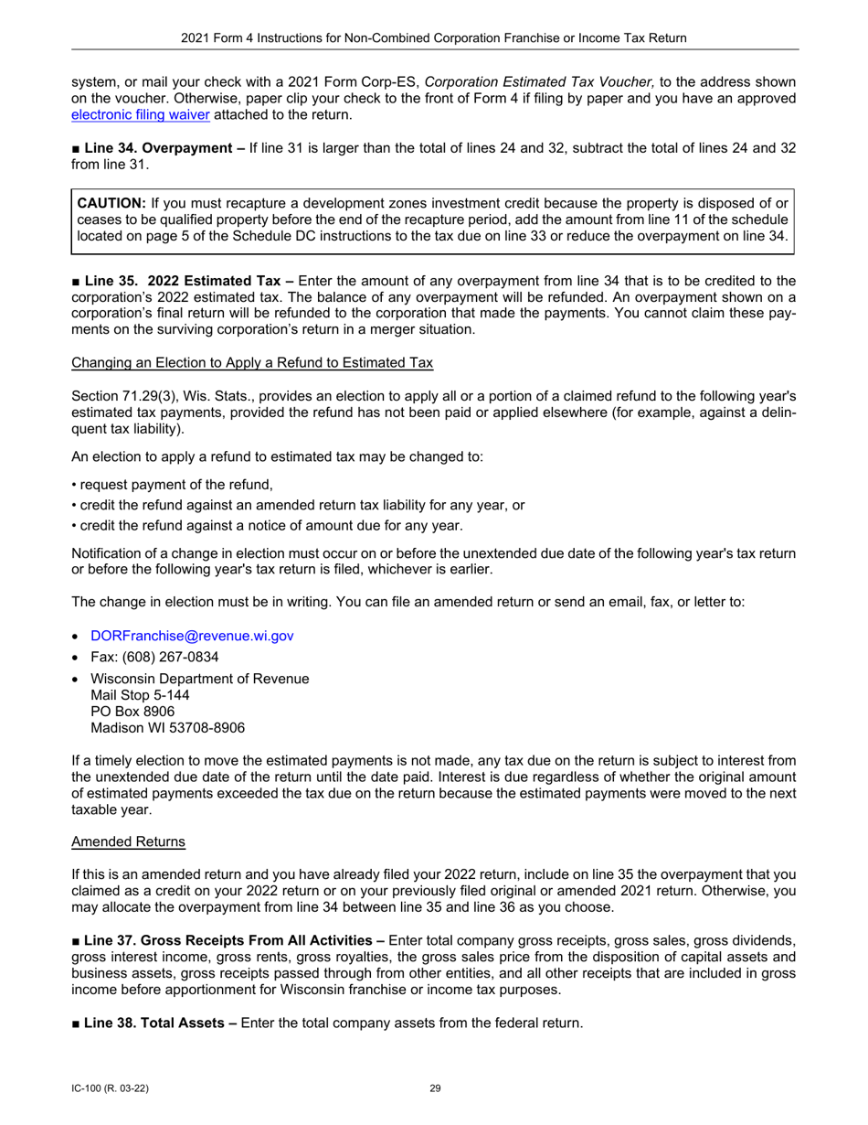 Instructions for Form 4, IC-040 Wisconsin Non-combined Corporation Franchise or Income Tax Return - Wisconsin, Page 29