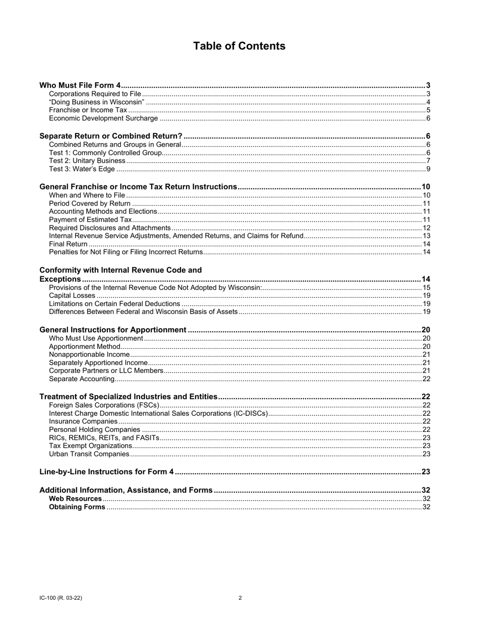 Instructions for Form 4, IC-040 Wisconsin Non-combined Corporation Franchise or Income Tax Return - Wisconsin, Page 2