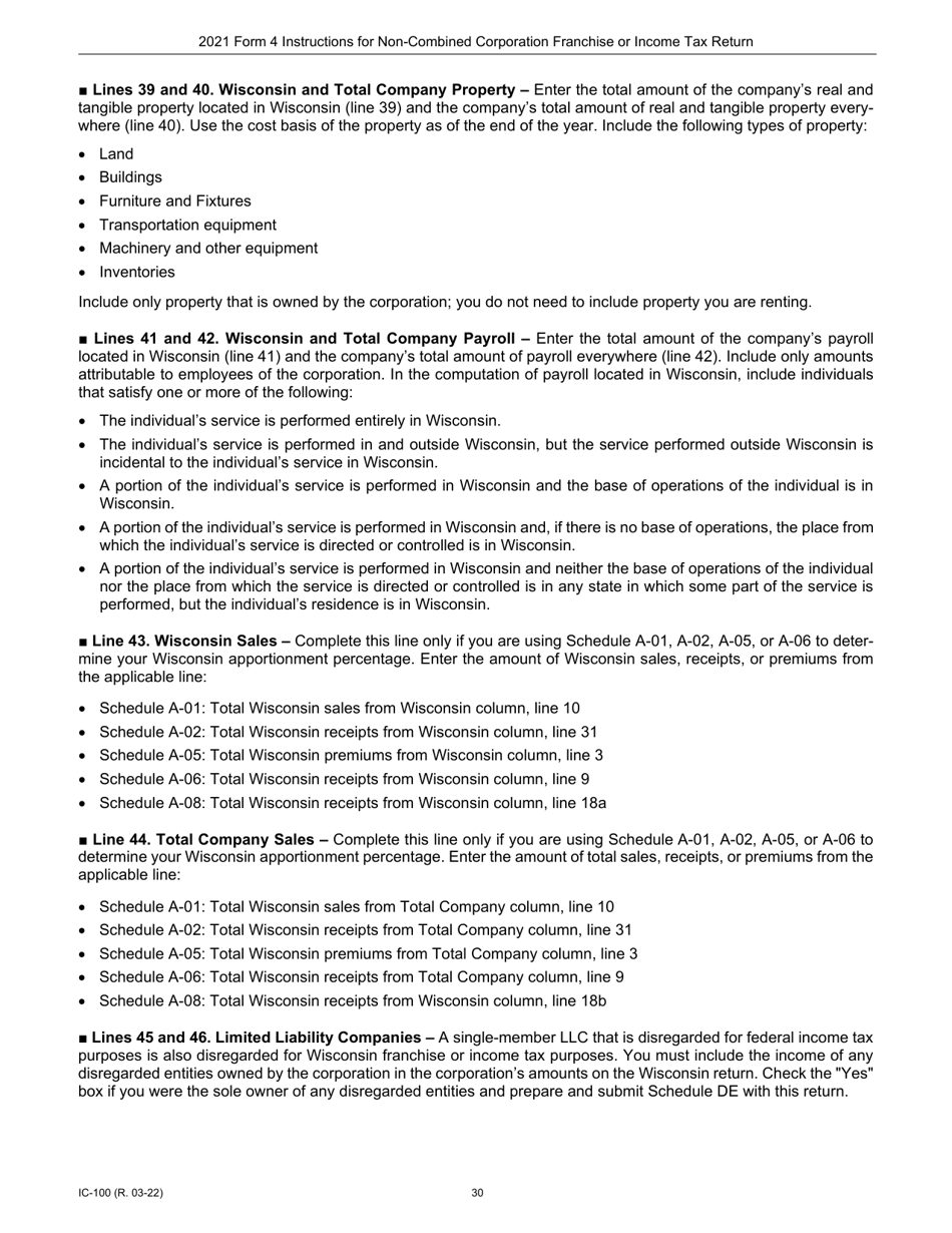 Instructions for Form 4, IC-040 Wisconsin Non-combined Corporation Franchise or Income Tax Return - Wisconsin, Page 30