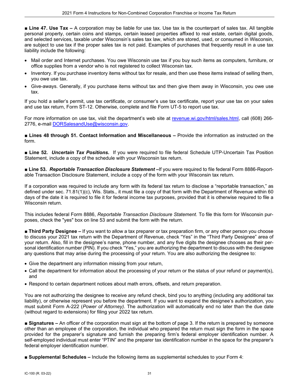 Instructions for Form 4, IC-040 Wisconsin Non-combined Corporation Franchise or Income Tax Return - Wisconsin, Page 31