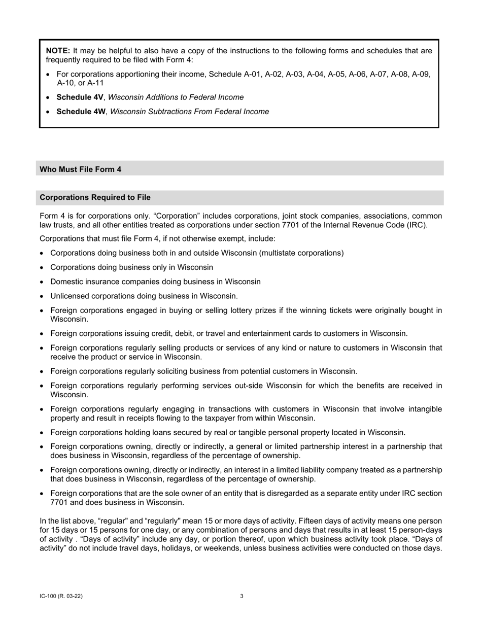 Instructions for Form 4, IC-040 Wisconsin Non-combined Corporation Franchise or Income Tax Return - Wisconsin, Page 3