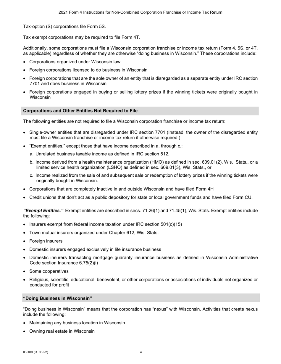 Instructions for Form 4, IC-040 Wisconsin Non-combined Corporation Franchise or Income Tax Return - Wisconsin, Page 4
