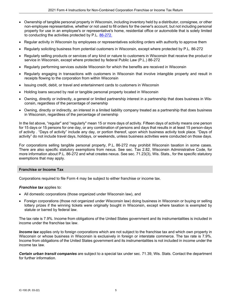 Instructions for Form 4, IC-040 Wisconsin Non-combined Corporation Franchise or Income Tax Return - Wisconsin, Page 5