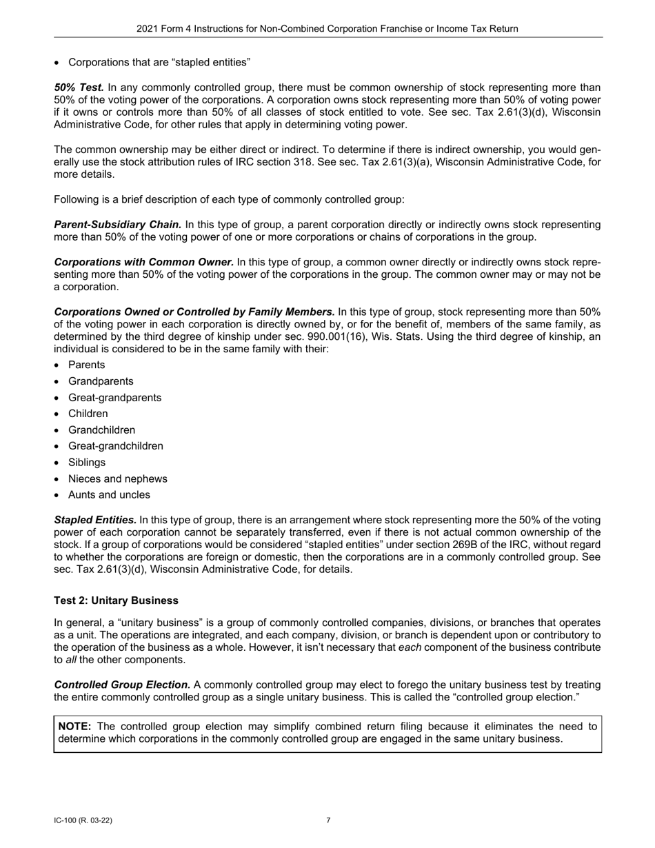 Instructions for Form 4, IC-040 Wisconsin Non-combined Corporation Franchise or Income Tax Return - Wisconsin, Page 7
