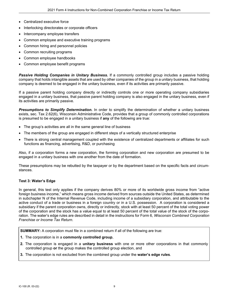 Instructions for Form 4, IC-040 Wisconsin Non-combined Corporation Franchise or Income Tax Return - Wisconsin, Page 9