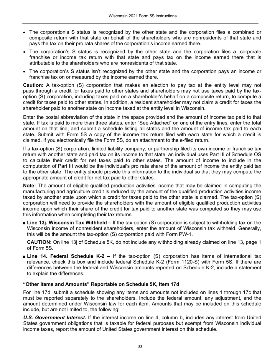 Instructions for Form 5S, IC-049 Wisconsin Tax-Option (S) Corporation Franchise or Income Tax Return - Wisconsin, Page 34