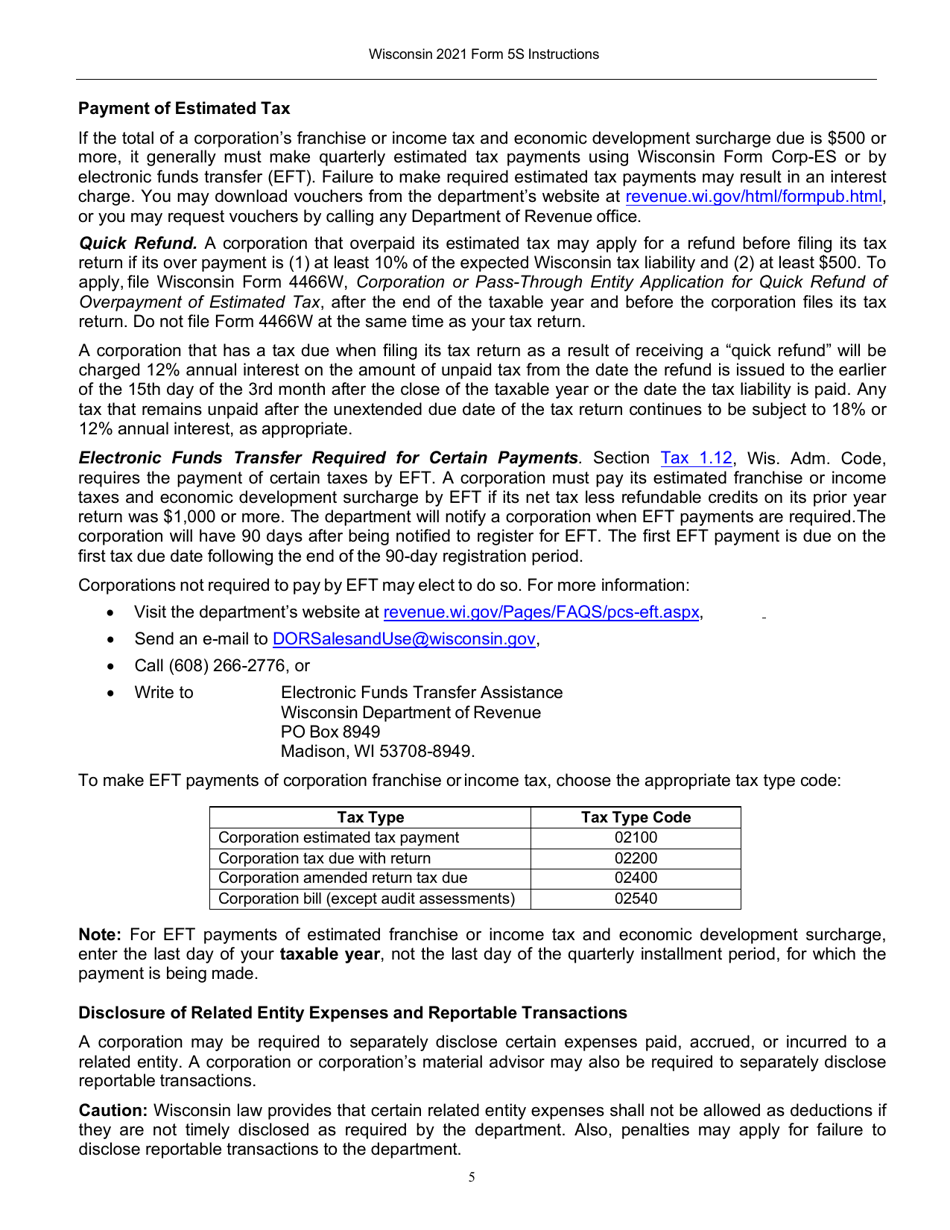 Instructions for Form 5S, IC-049 Wisconsin Tax-Option (S) Corporation Franchise or Income Tax Return - Wisconsin, Page 6