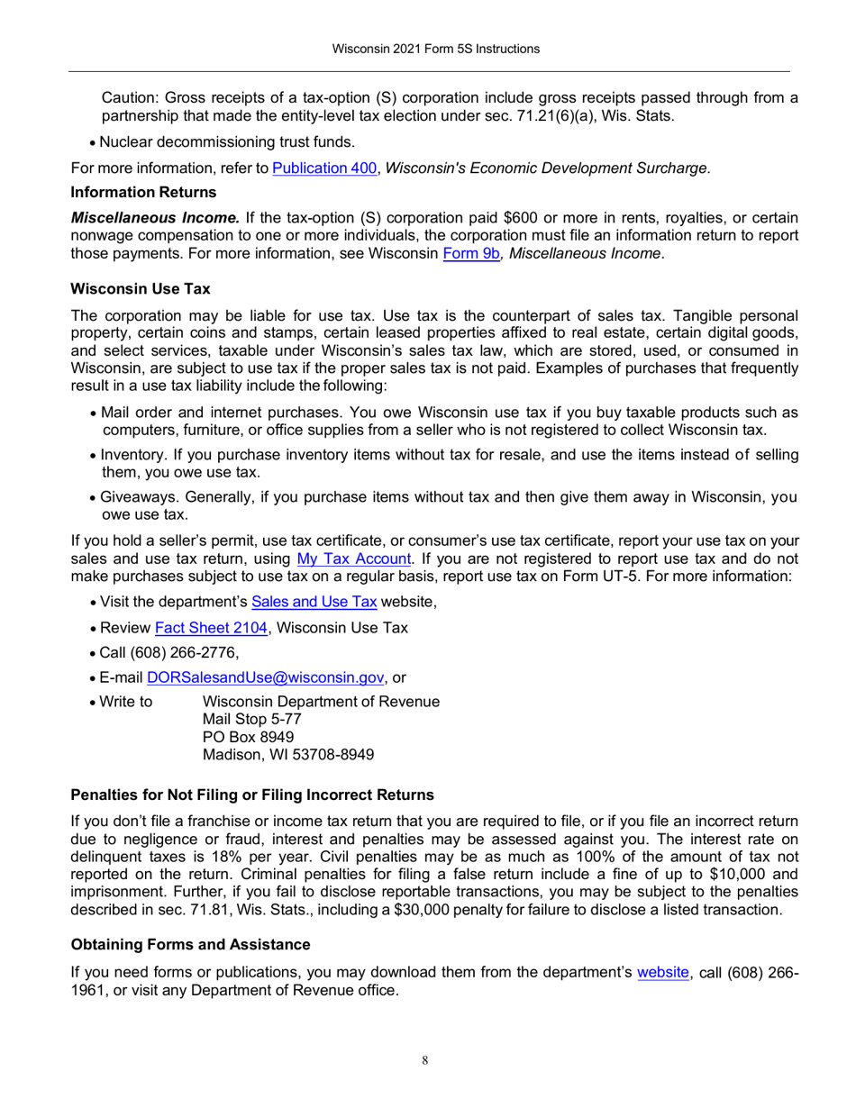 Instructions for Form 5S, IC-049 Wisconsin Tax-Option (S) Corporation Franchise or Income Tax Return - Wisconsin, Page 9