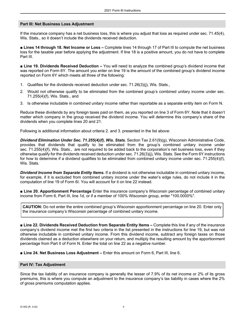 Instructions for Form 6I, IC-402 Wisconsin Adjustment for Insurance Companies - Wisconsin, Page 4