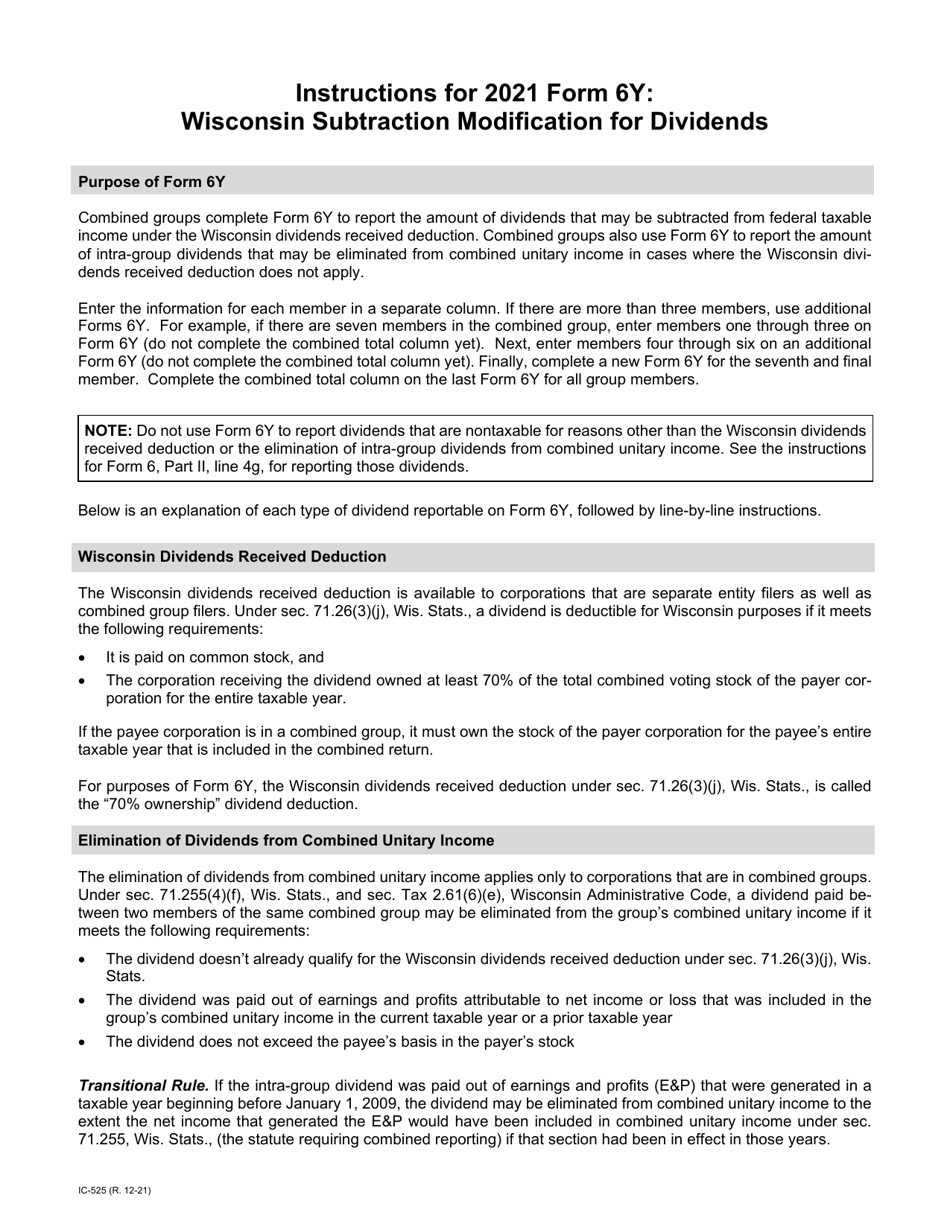 Instructions for Form 6Y, IC-425 Wisconsin Modification for Dividends - Wisconsin, Page 1