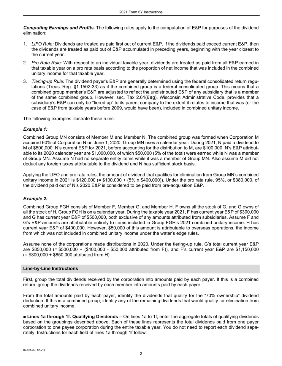 Instructions for Form 6Y, IC-425 Wisconsin Modification for Dividends - Wisconsin, Page 2