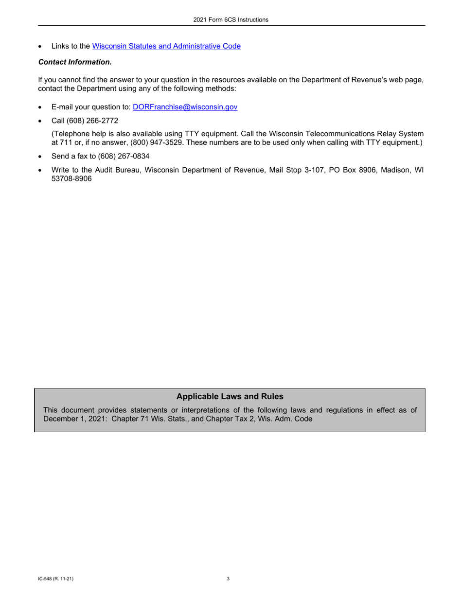 Instructions for Form 6CS, IC-448 Wisconsin Sharing of Research Credits - Wisconsin, Page 3