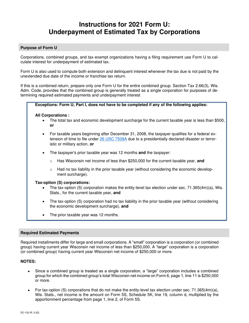 Instructions for Form U, DC-033 Underpayment of Estimated Tax by Corporations - Wisconsin, Page 1