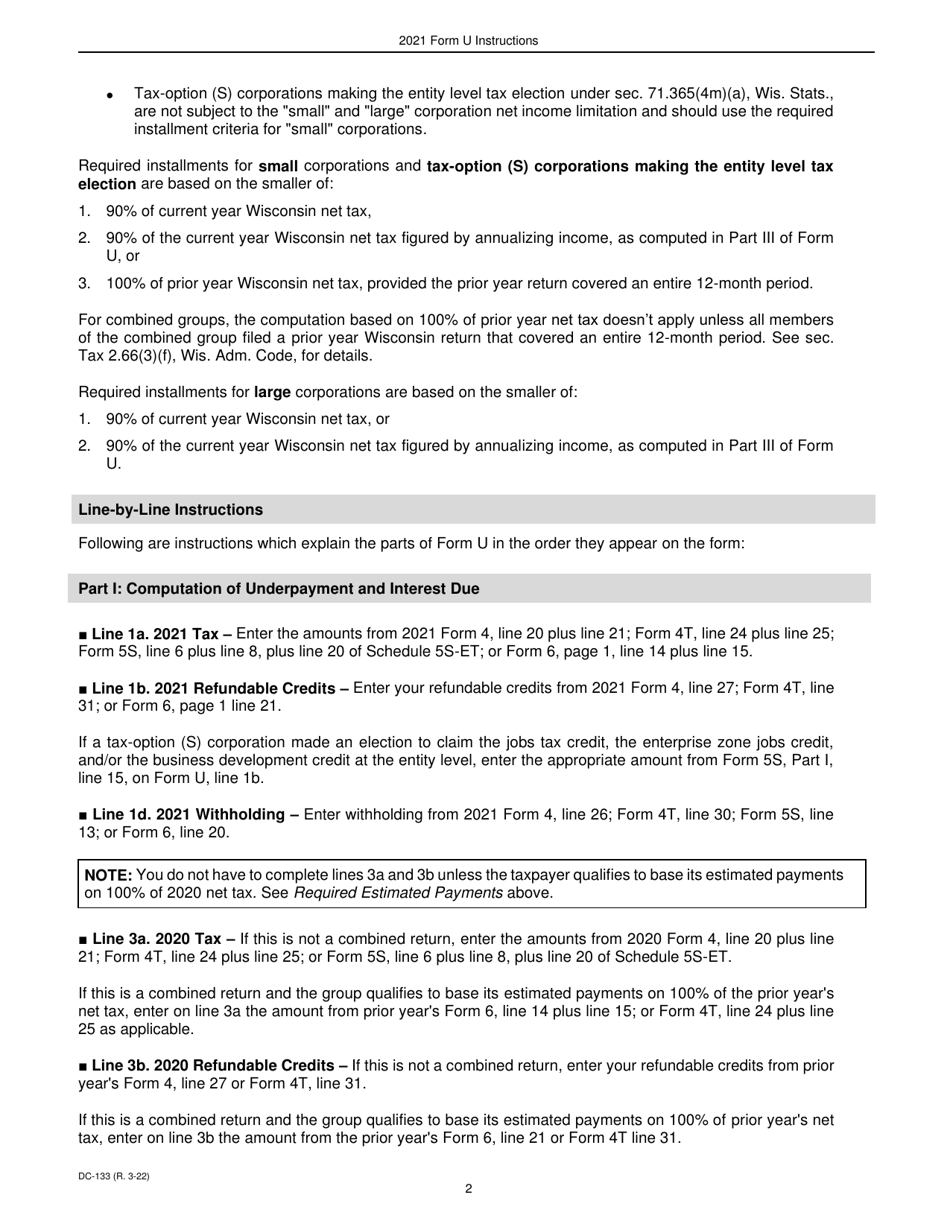 Instructions for Form U, DC-033 Underpayment of Estimated Tax by Corporations - Wisconsin, Page 2