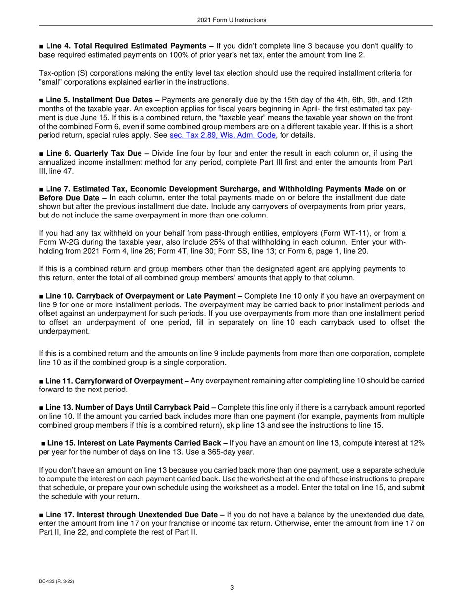 Instructions for Form U, DC-033 Underpayment of Estimated Tax by Corporations - Wisconsin, Page 3