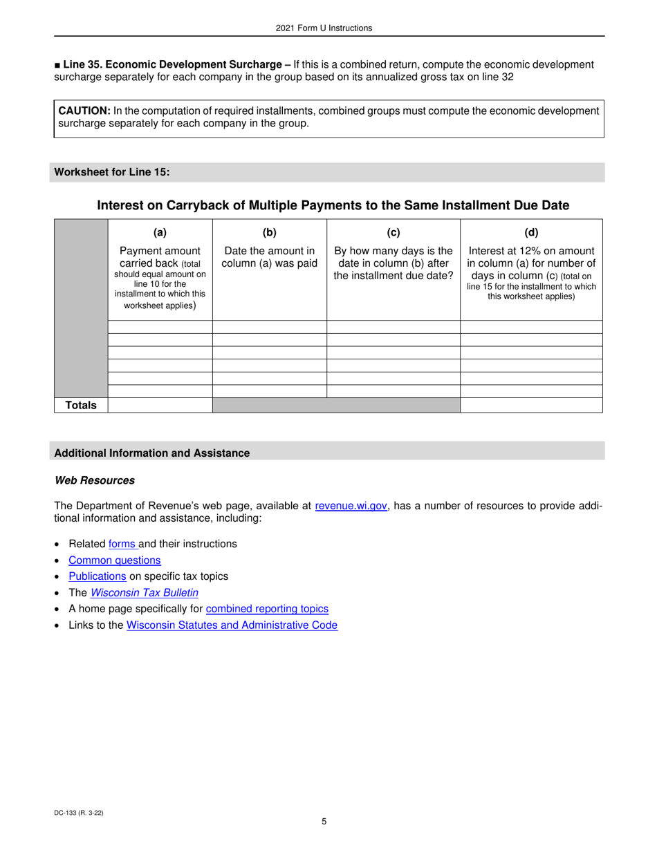 Instructions for Form U, DC-033 Underpayment of Estimated Tax by Corporations - Wisconsin, Page 5