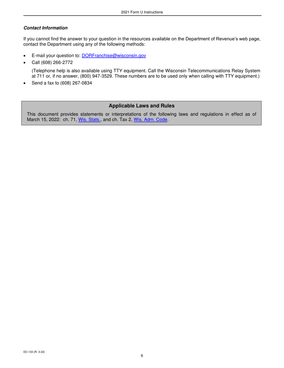 Instructions for Form U, DC-033 Underpayment of Estimated Tax by Corporations - Wisconsin, Page 6