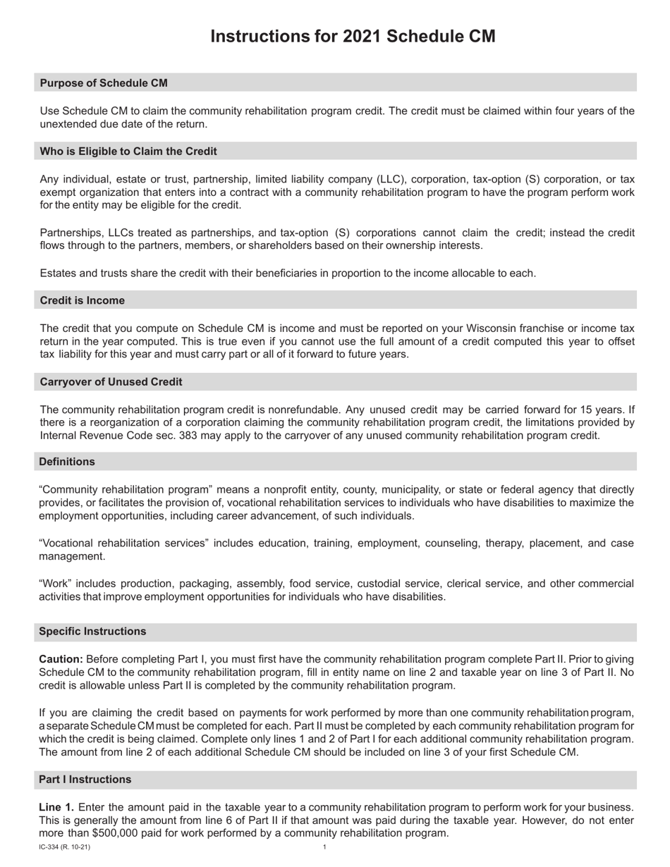 Instructions for Form IC-234 Schedule CM Community Rehabilitation Program Credit - Wisconsin, Page 1