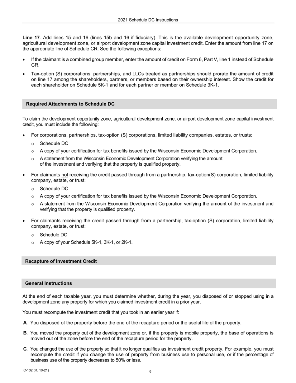 Instructions for Form IC-032 Schedule DC Wisconsin Development Zones Credits - Wisconsin, Page 6
