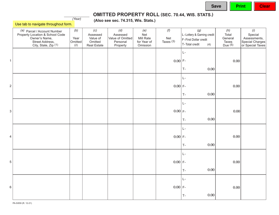 Form PA-5 / 659 Omitted Property Roll - Wisconsin, Page 1