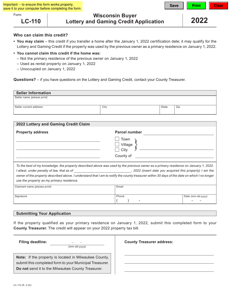 Form LC-110 Buyer Lottery and Gaming Credit Application - Wisconsin, Page 1